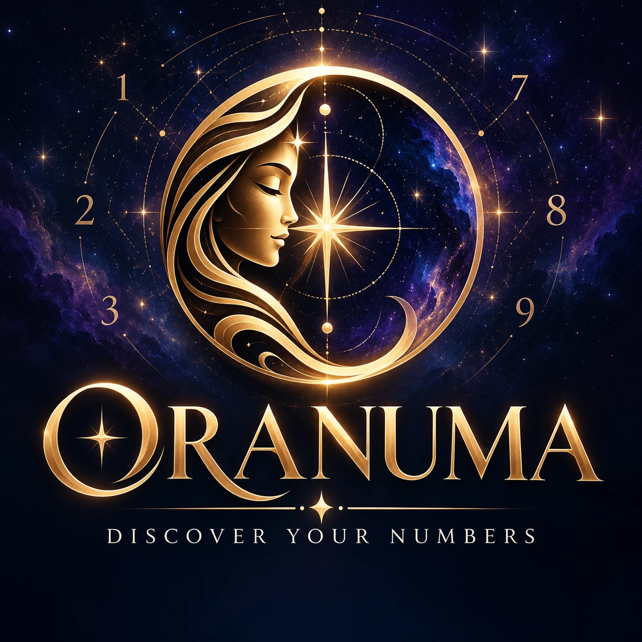 Oranuma – a golden face, star and numbers against a celestial sky. Discover Your Numbers.